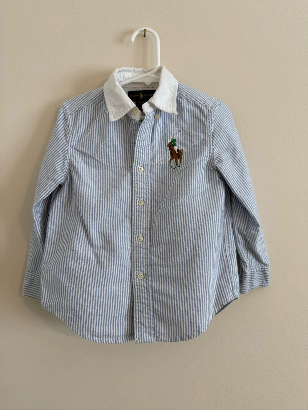 Ralph Lauren Light Blue & White Striped Button-Down Shirt 4T Large logo on front